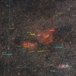 Annotated widefield image of the Heart and Soul Nebulae the Double Cluster and surrounds.