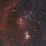 Orion's belt and sword region using 85mm lens - annotated image.