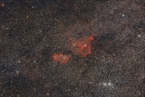 Widefield image of Heart and Soul Nebulae (IC1805/Sh2-190, IC1848/Sh2-199) and Double Cluster (NGC 869 and NGC 884) and Surrounds